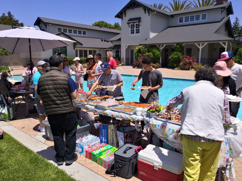 Catering buffet spread with several trays of food